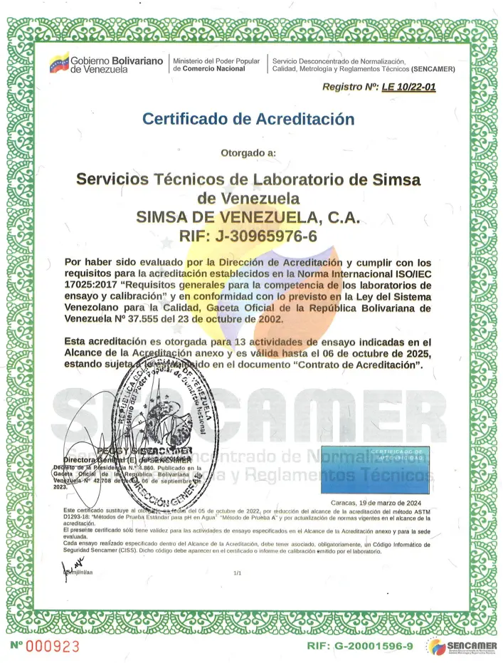 Certificado de acreditación ISO/IEC 17025:2017 SENCAMER