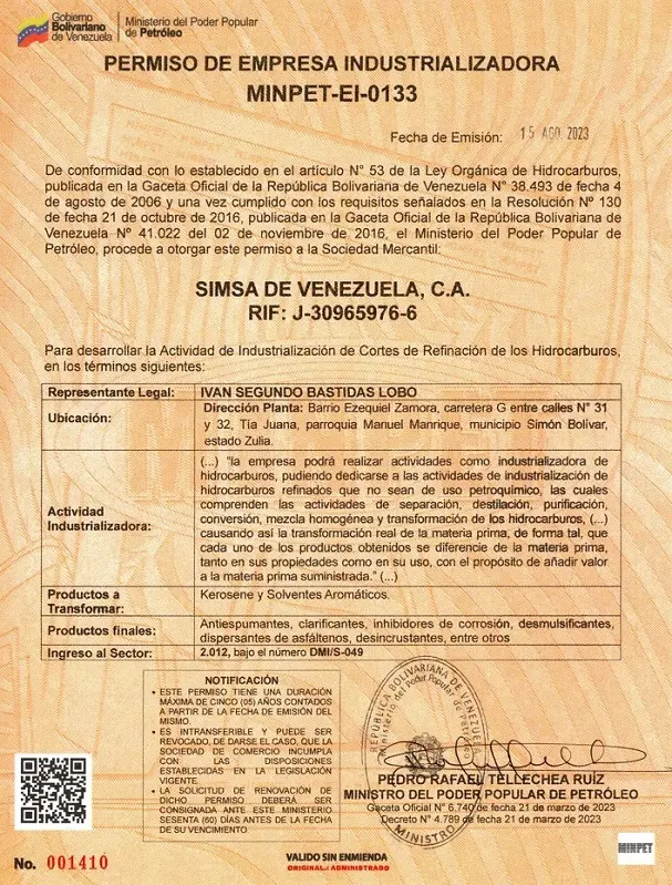 Certificado del Ministerio del Poder Popular de Petróleo (MPPP)